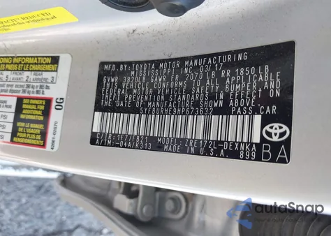 2017 Toyota Corolla Le из США, поврежденный, VIN 5YFBURHE9HP673632